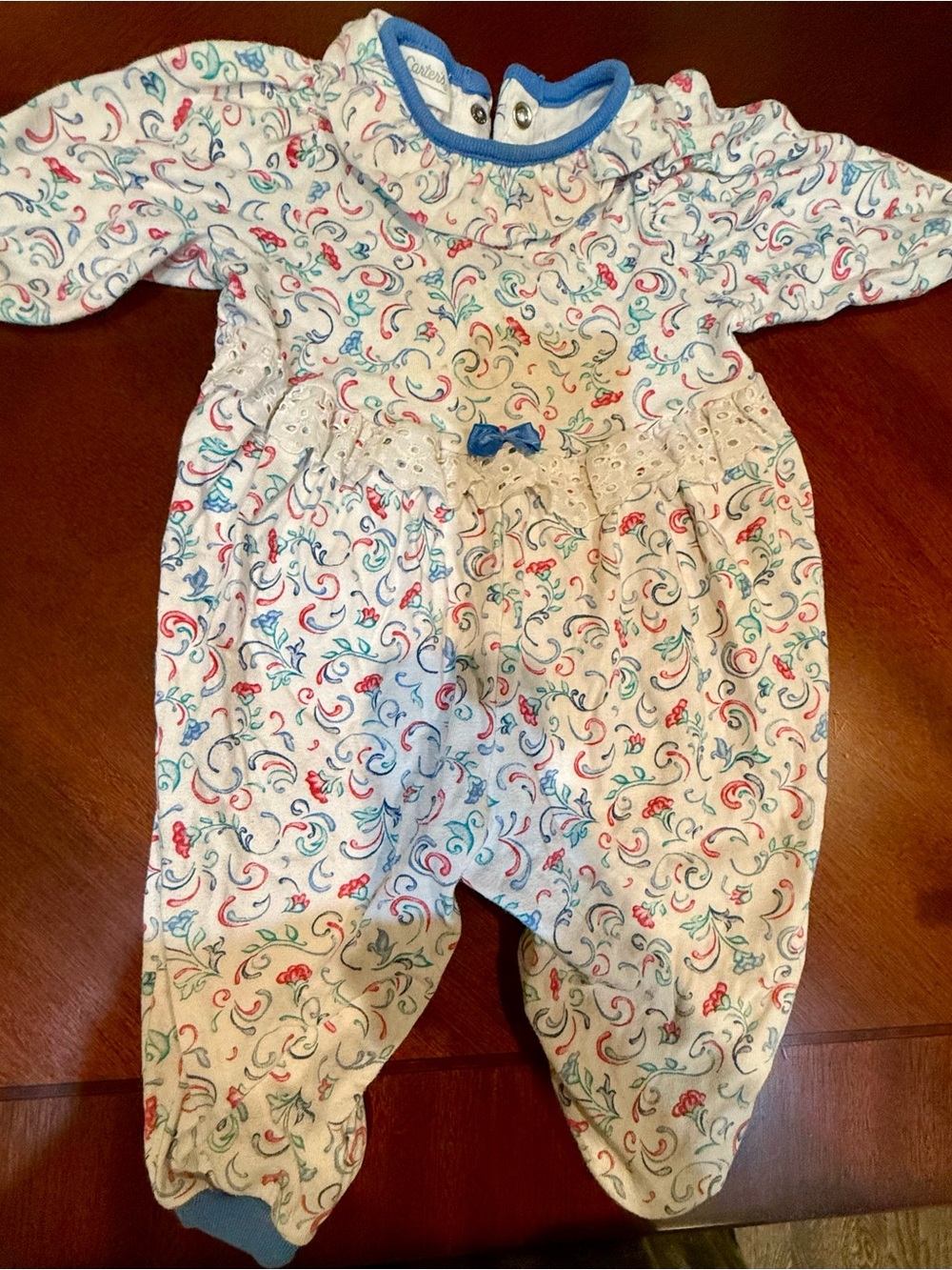 Vintage 1990 Carter's White Floral Footed One-Piece with Blue Trim